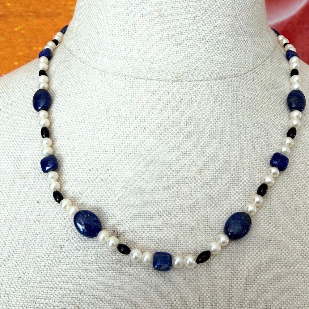 Sterling Silver Lapis Lazuli, Pearl & Onyx Beaded Necklace